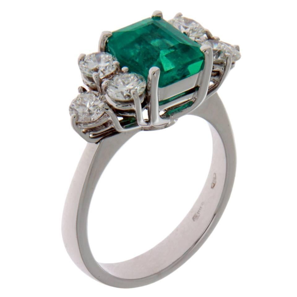 2.43 Carat Step Cut GIA Certified Colombian Emerald Diamond Gold Engagement Ring For Sale