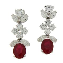 GIA Certified 4.44 Carat Pigeon Blood Burmese Ruby Diamond Gold Earrings