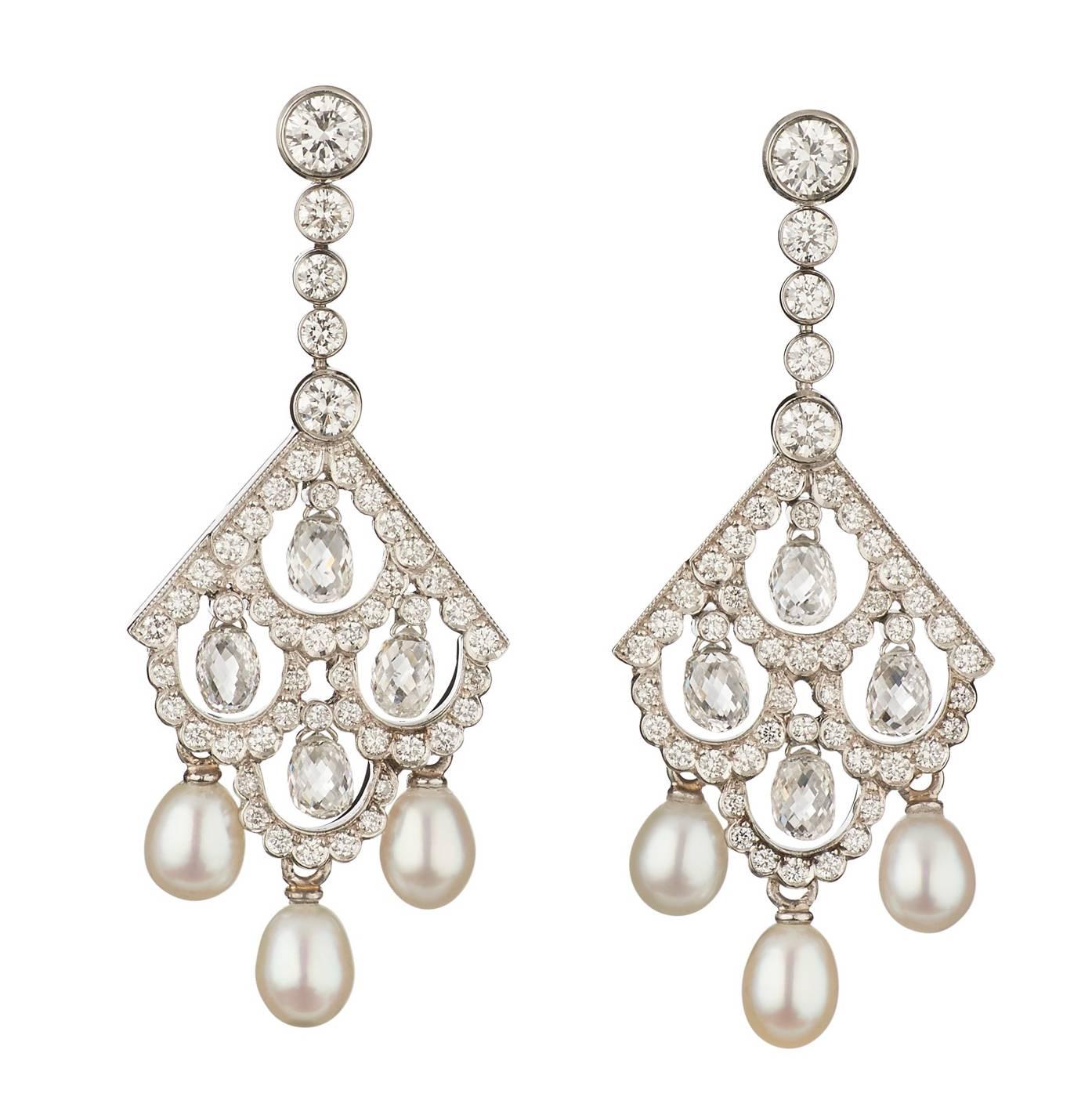 Nigel Milne Pearl Diamond Gold Drop Earrings