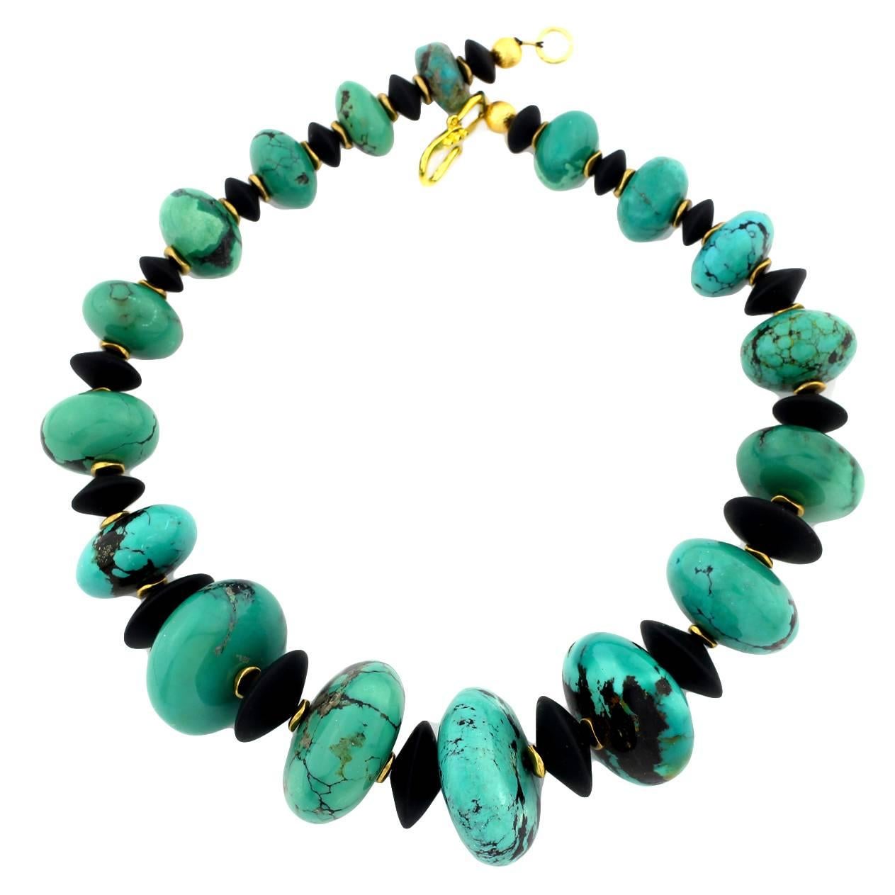 AJD Dramatic Statement Natural Glowing American Turquoise & Black Onyx Necklace For Sale