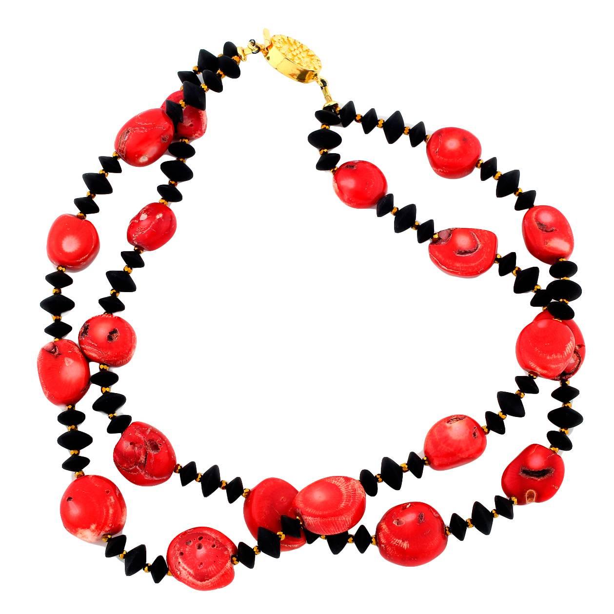 AJD Super Chic Double Strand of Red Bamboo Coral & Black Onyx Necklace