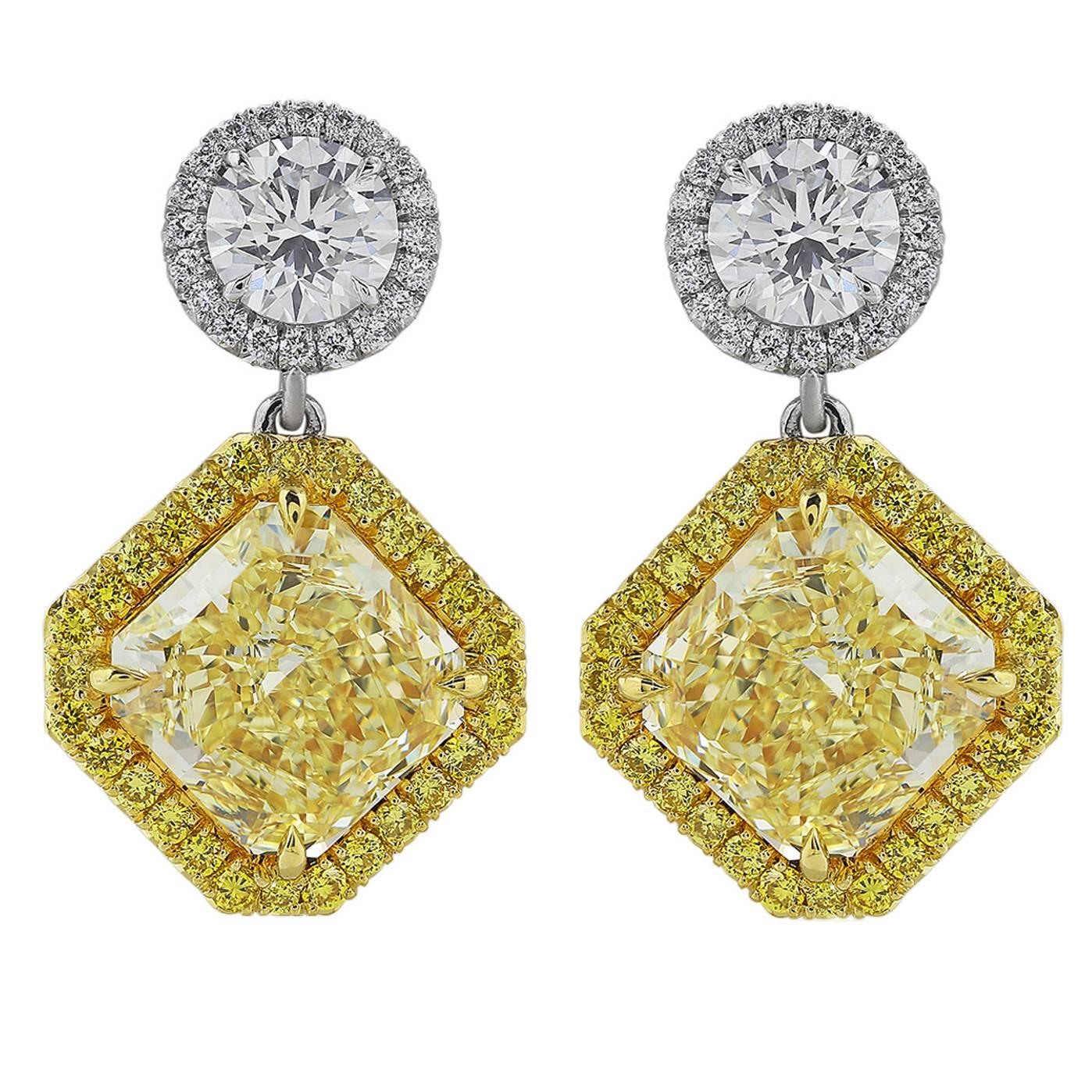 Custom-Made 5.39 Carat Canary Diamonds Gold Platinum Drop Earrings For Sale