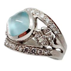 Vintage Unique Cabochon Aquamarine and Diamond Clovers in 18kt White Gold Cocktail Ring