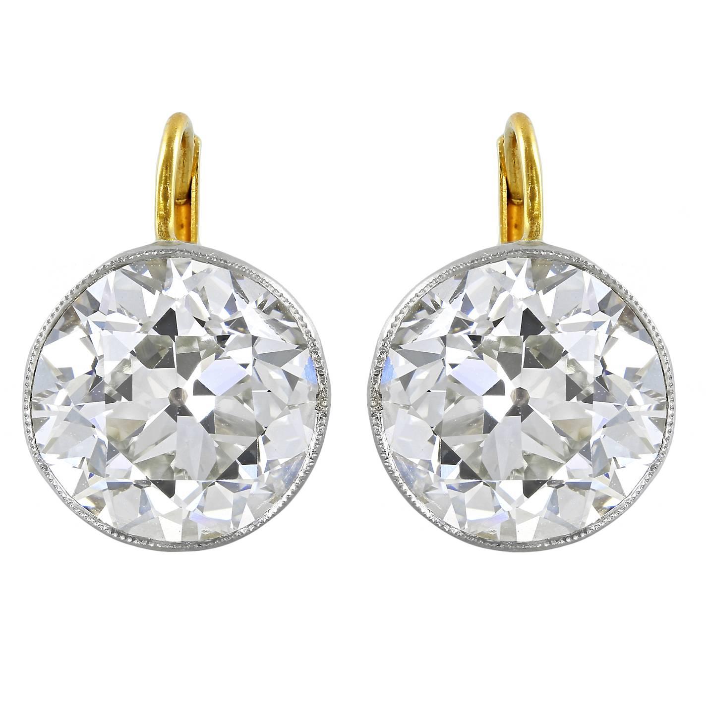 3.06 Carat Old European Cut Diamonds Gold Platinum Drop Earrings For Sale