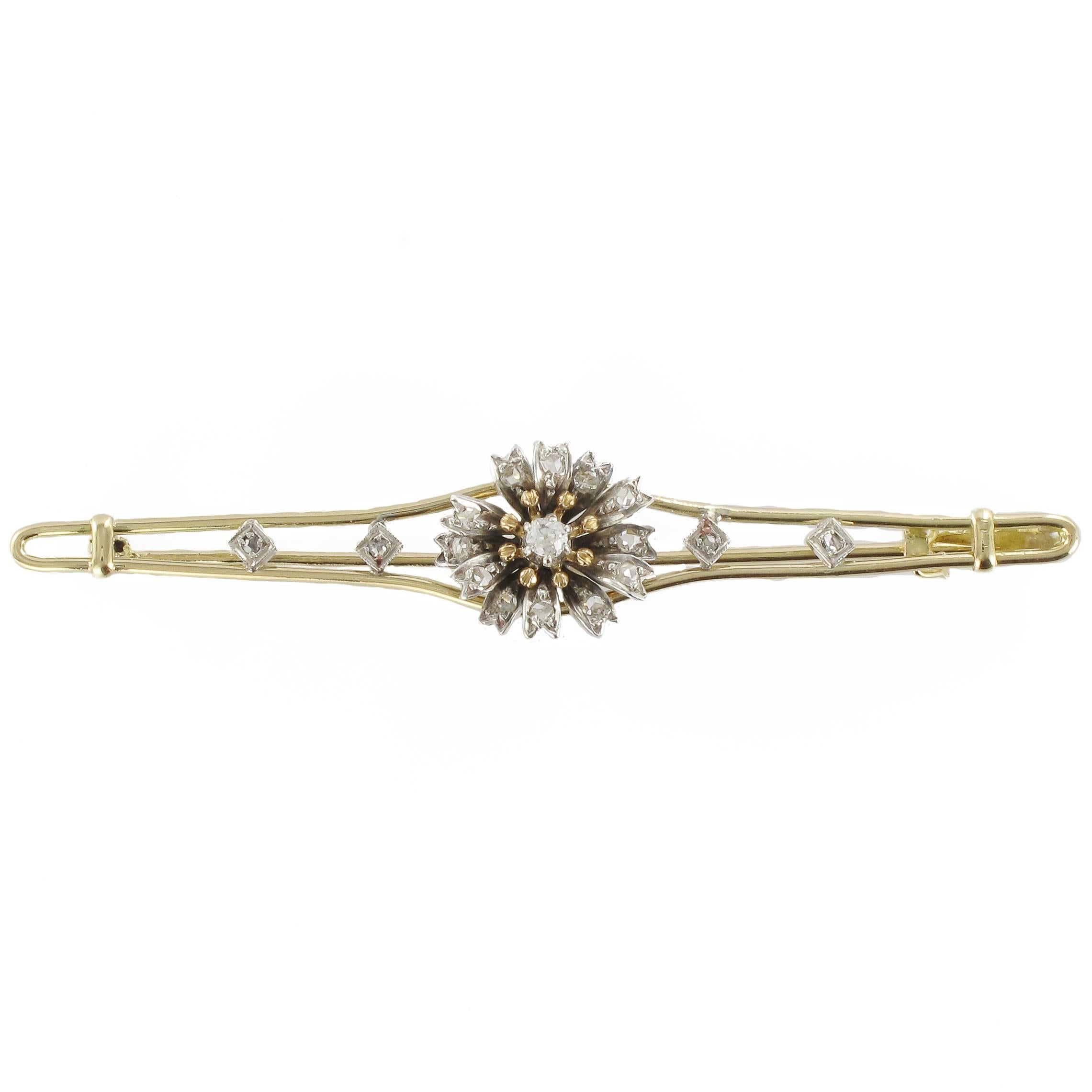 French Antique Diamond Silver Gold Flower Bar Brooch 
