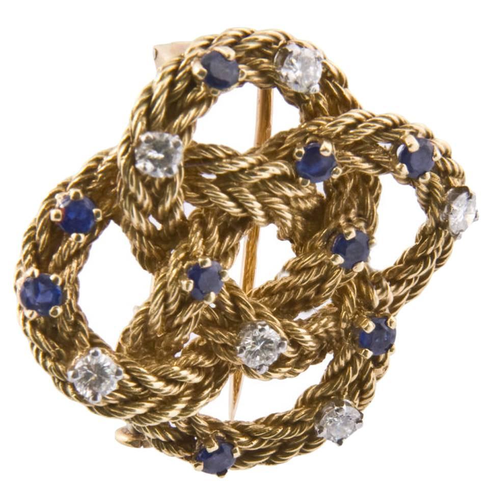 1960s Tiffany & Co. Sapphire Diamond Gold Rope Knot Brooch For Sale