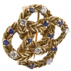 1960s Tiffany & Co. Sapphire Diamond Gold Rope Knot Brooch