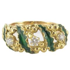 1980s Green Enamel Diamond Gold Ring 9