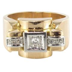 Vintage French 1940s Diamond Platinum Gold Tank Ring
