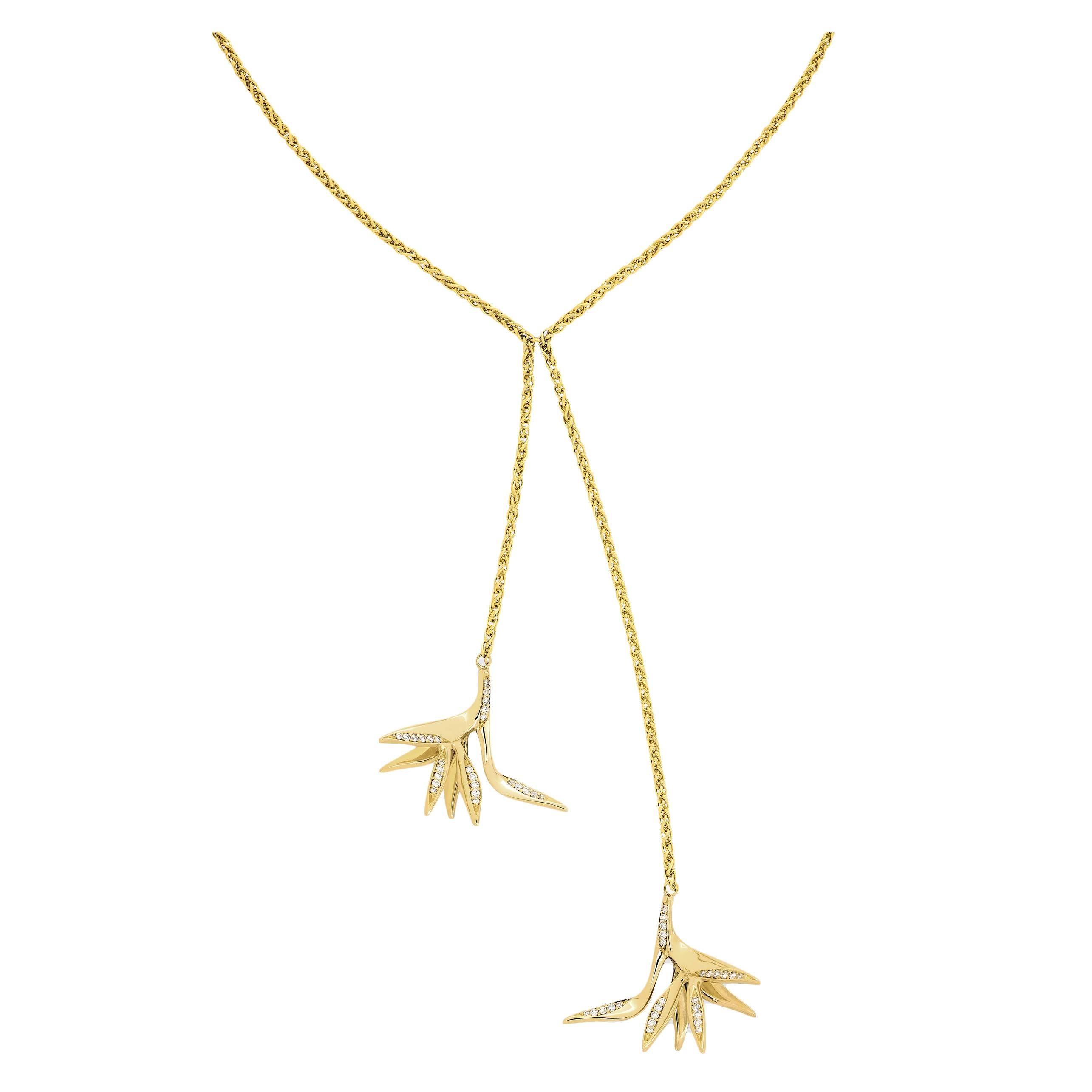 Yellow Gold Pave Set White Diamond Brilliant Double Drop Dangling Necklace For Sale