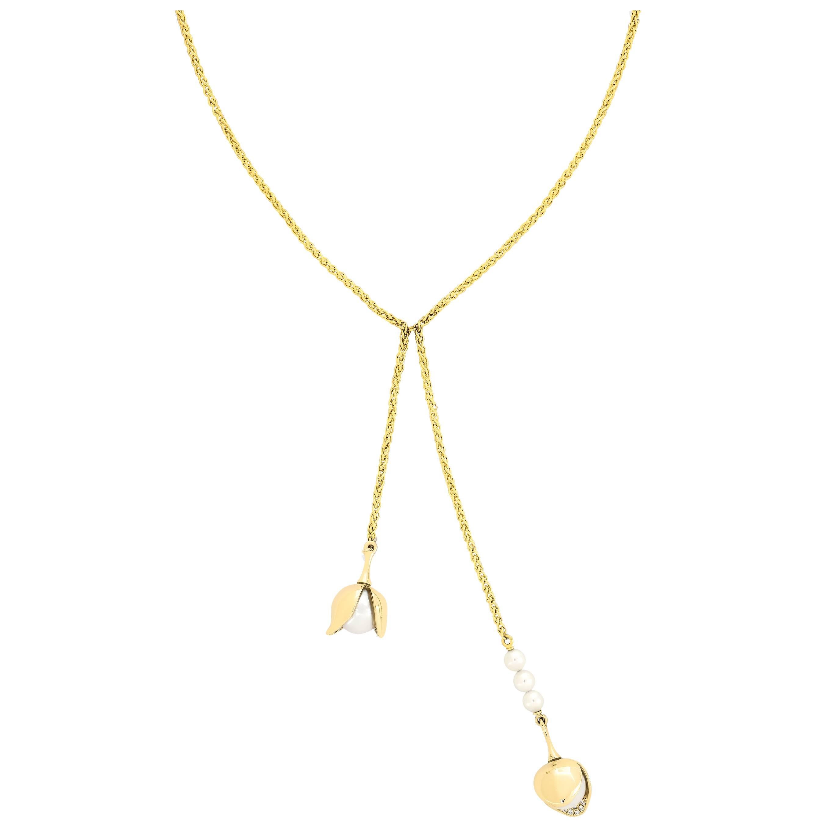 Yellow Gold Pave Set White Diamond Brilliant Akoya Pearls Drop Dangling Necklace For Sale