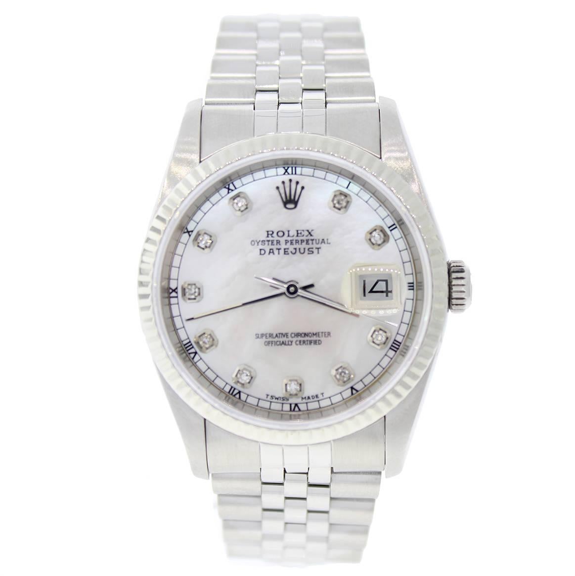 Rolex Stainless Steel Datejust Mother of Pearl Diamond Dial Automatic Wristwatch For Sale