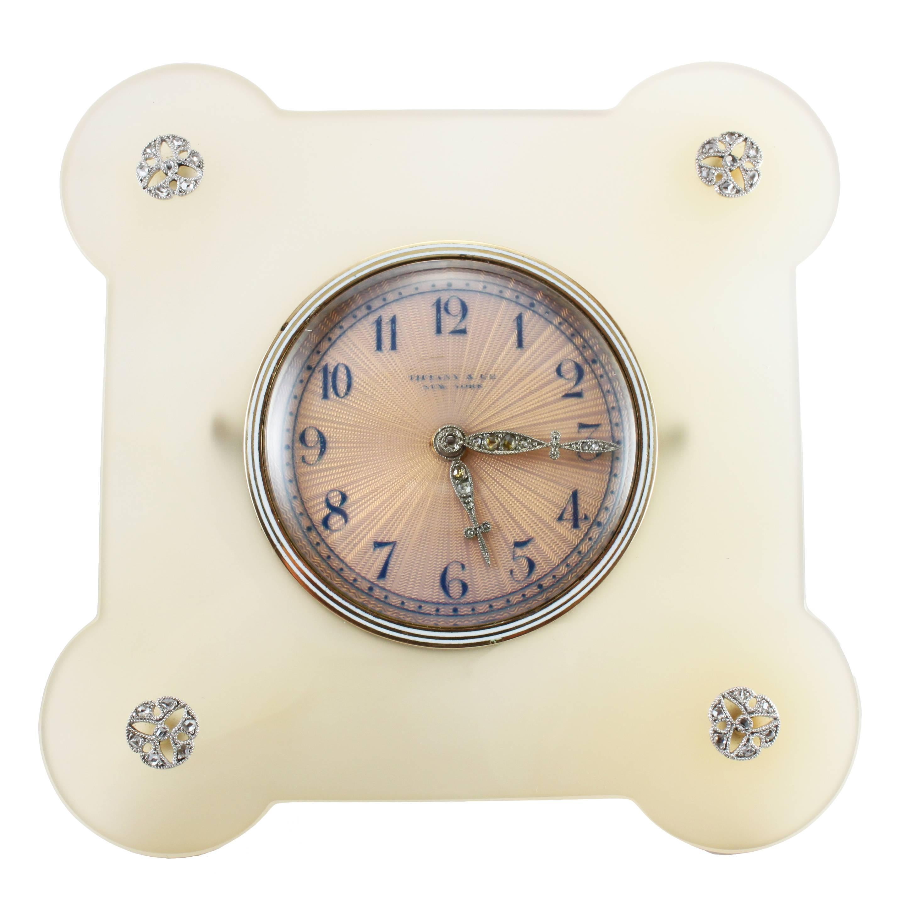 Tiffany & Co. Art Deco Enamel Agate Diamond Desk Clock