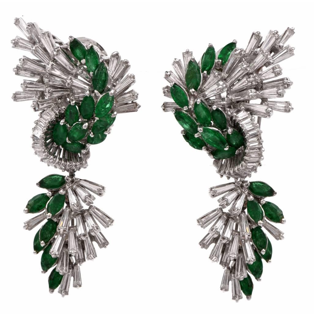  Platinum Emerald Diamond Cluster Pendant Day and Night Earrings