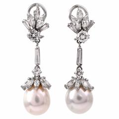 Diamond Pearl Gold Drop Chandelier Earrings