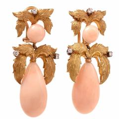 Retro Angel Skin Coral Diamond Gold Pendant Earrings 