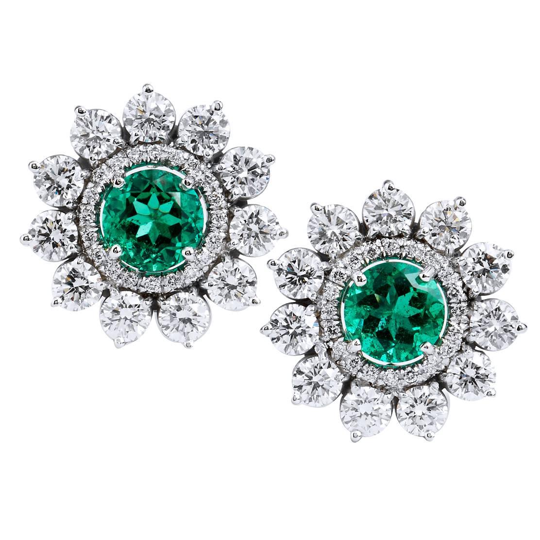 2.69 Carat Zambian Emerald with 3.46 Diamond Earrings in 18 Karat White Gold