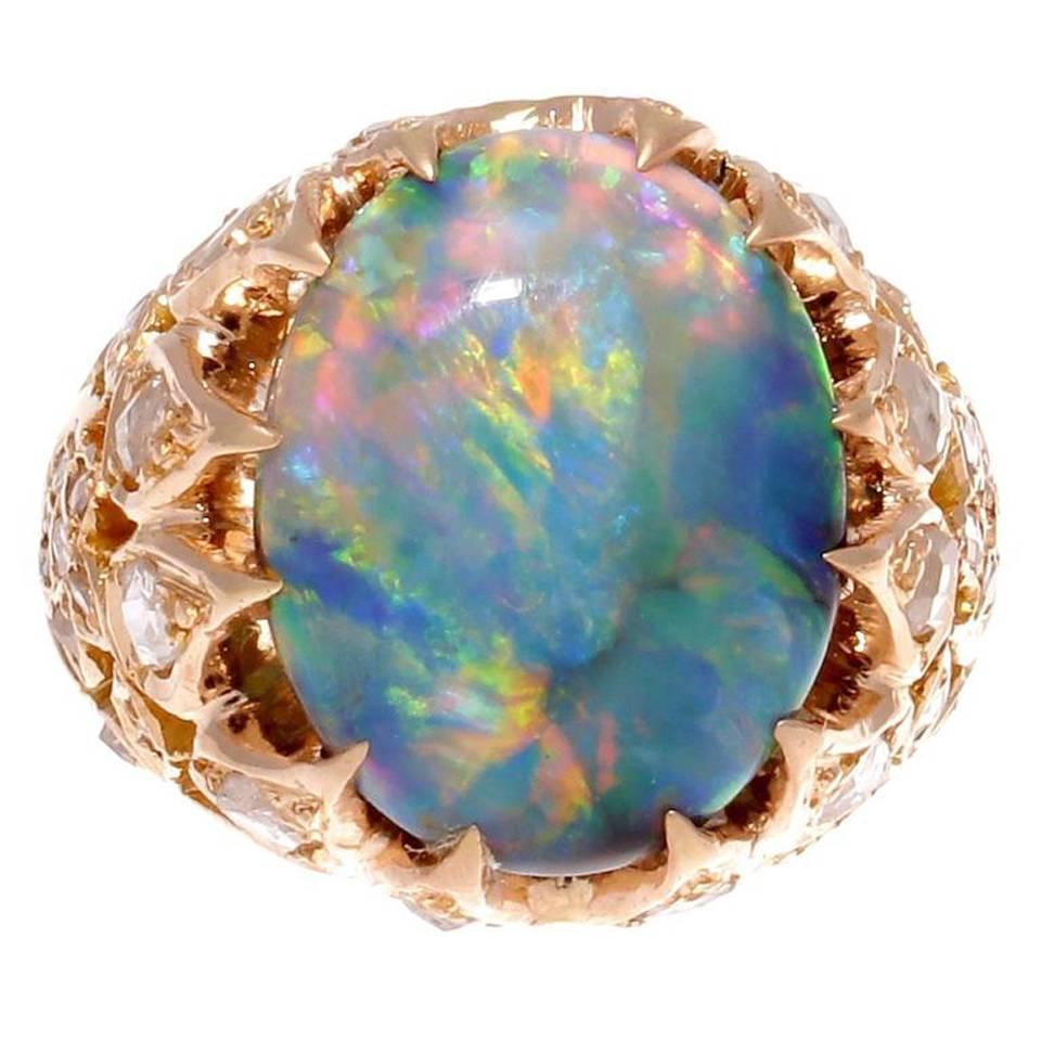 Belle Epoque French Black Opal Diamond Gold Ring