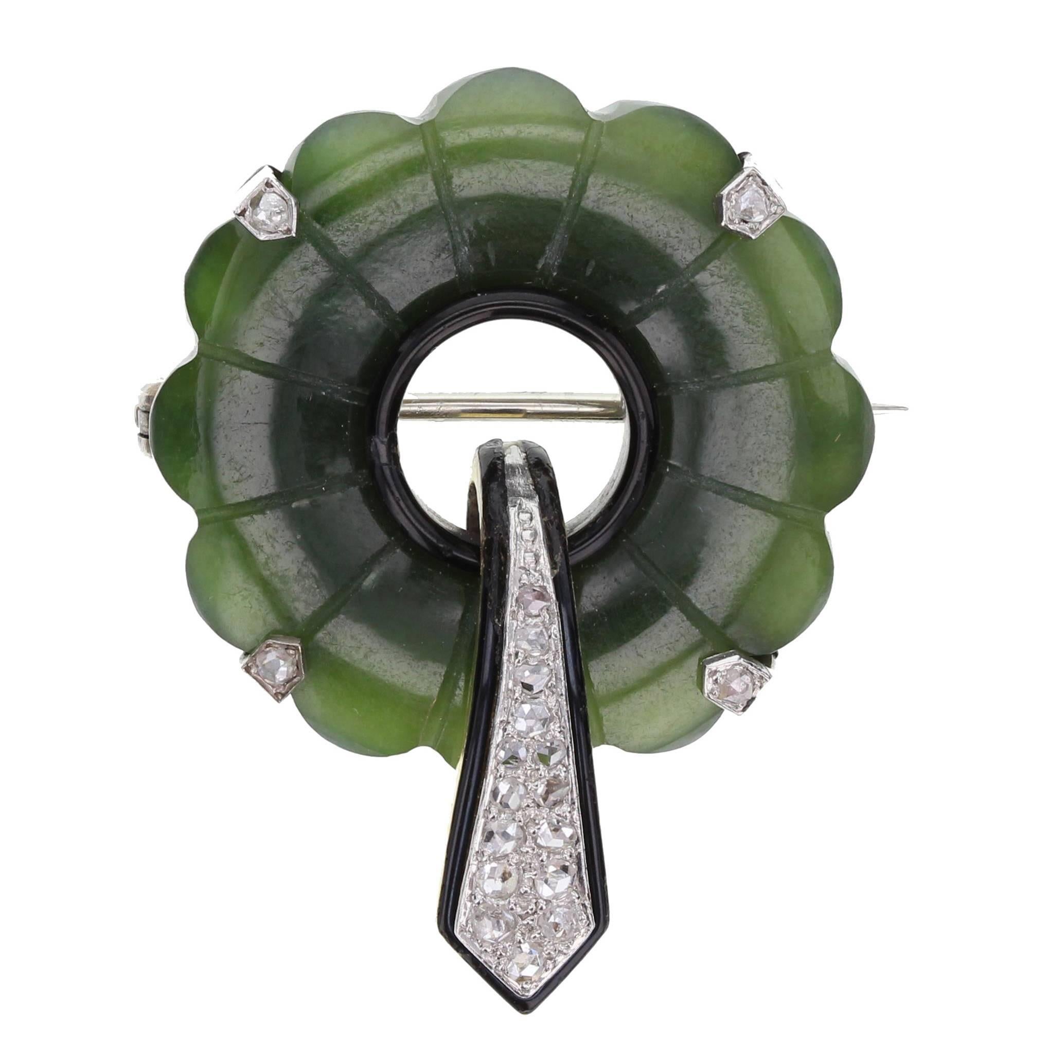 Art Deco Jade Diamond Platinum Brooch For Sale