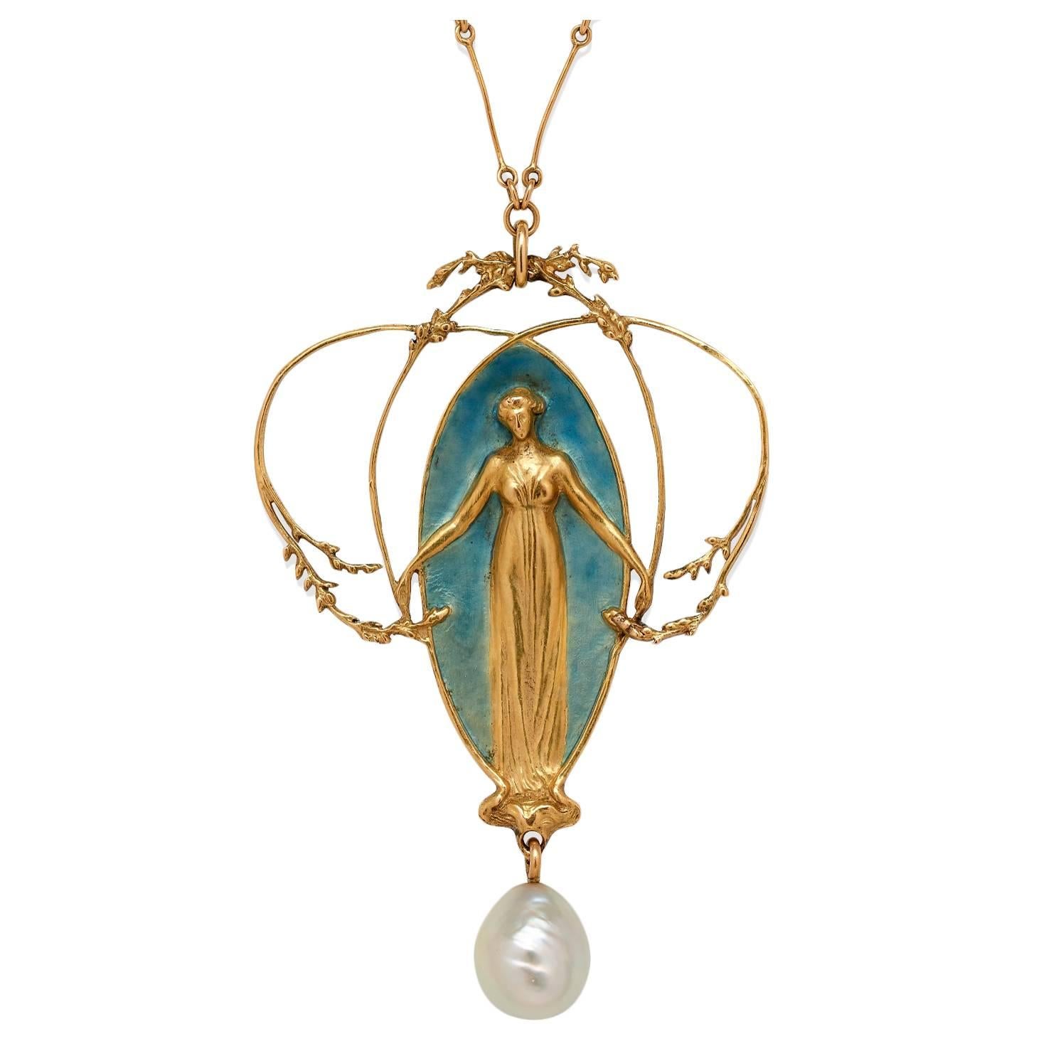Important Rene Lalique Art Nouveau Enamel Gold Pearl Pendant