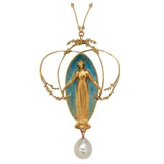 Antique Important Rene Lalique Art Nouveau Enamel Gold Pearl Pendant