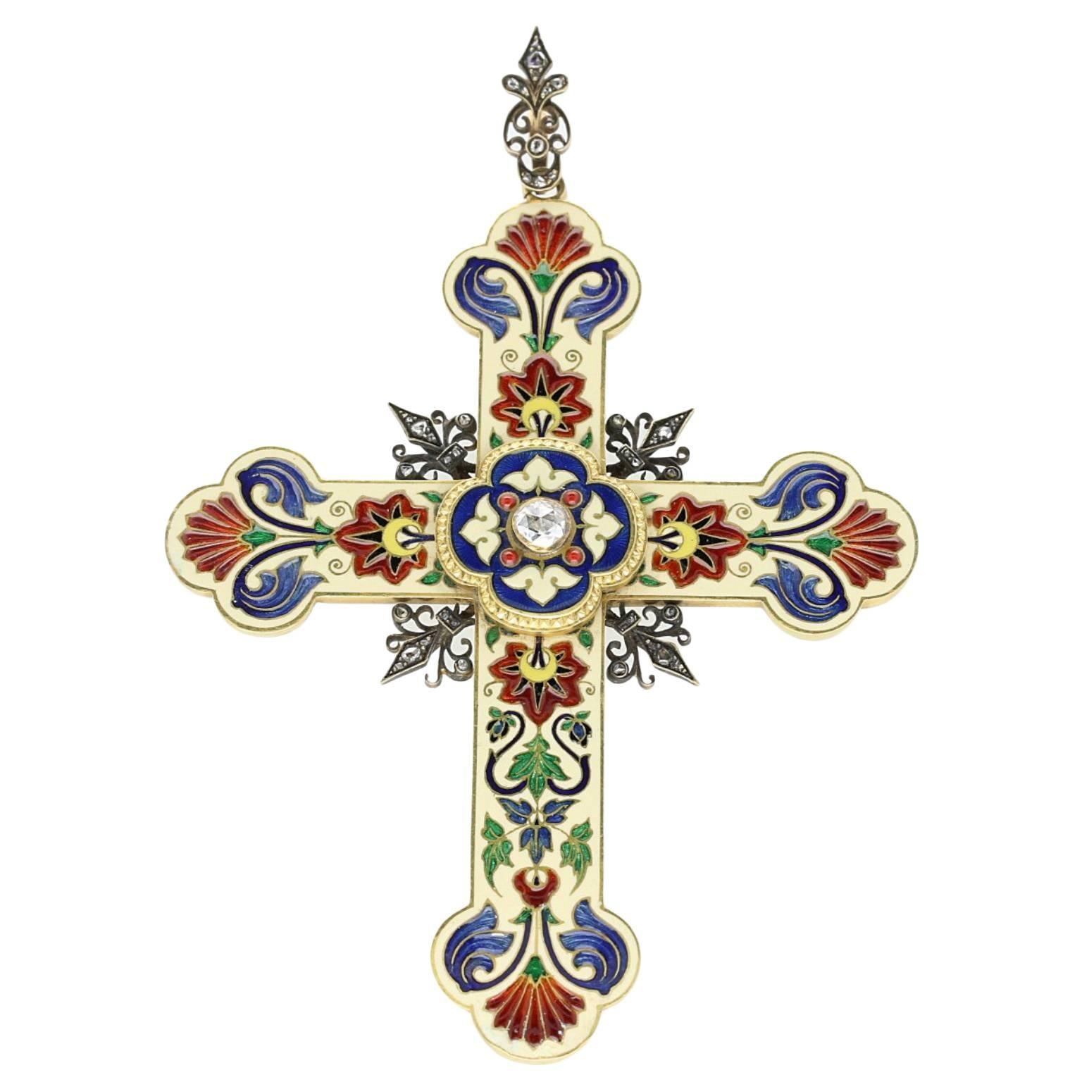Auffällige polychrome Emaille  Gold-Kreuz-Anhänger um 1880