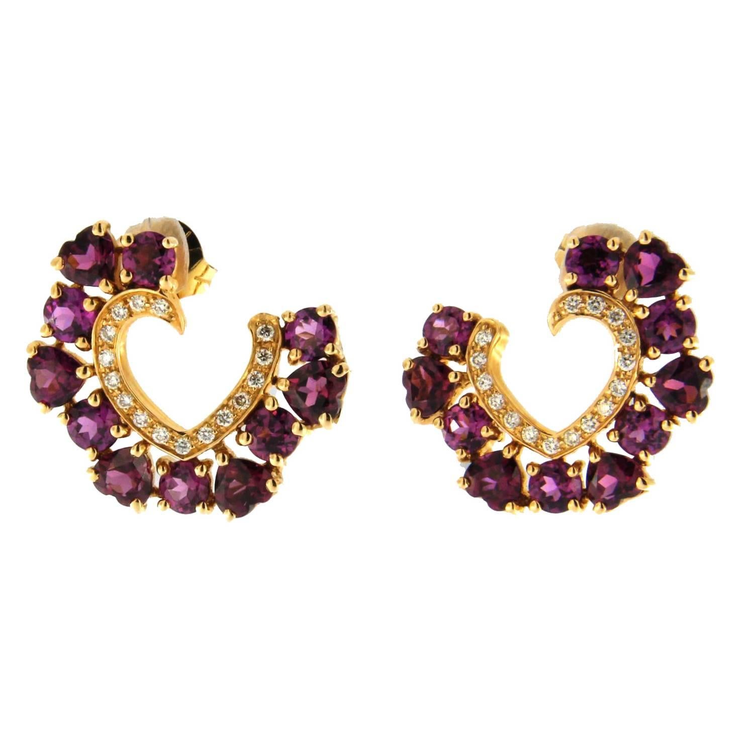 Jona Rhodolite White Diamond 18 Karat Gold Open Heart Stud Earrings