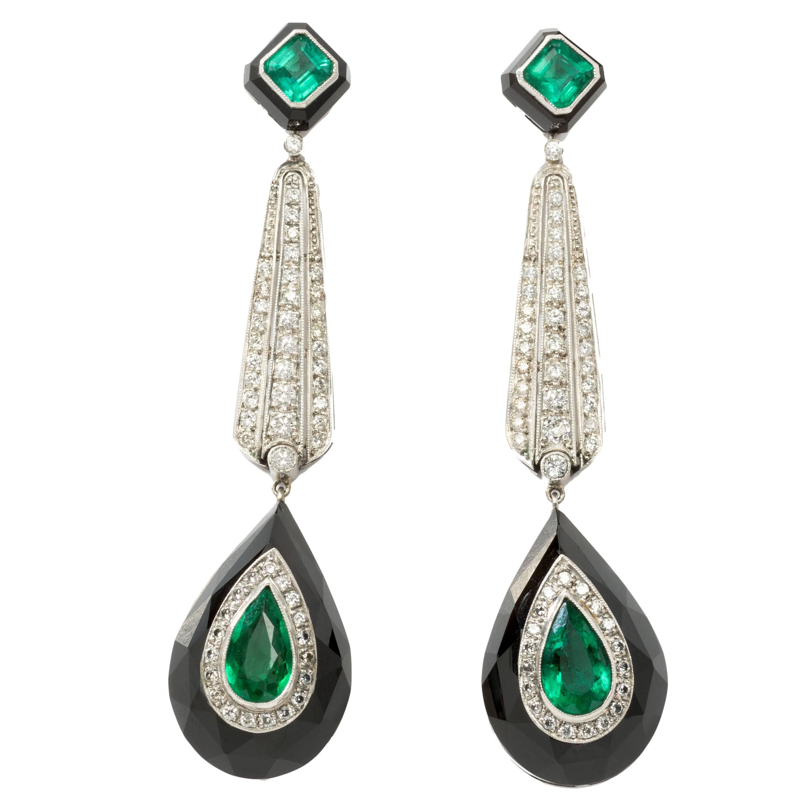 Onyx Emerald Diamond Platinum Dangle Earrings