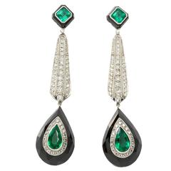 Onyx Emerald Diamond Platinum Dangle Earrings 3