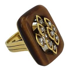 1970s Tiger's Eye Diamond Gold Dress Ring