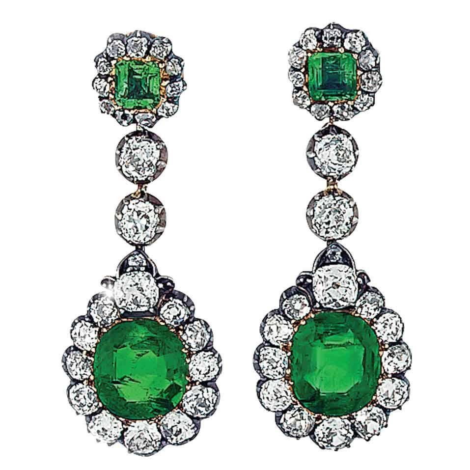 Victorian GIA Certified Colombian Emerald Diamond Earrings For Sale