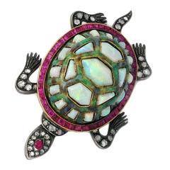 Antique Opal Ruby Diamond Turtle Brooch 