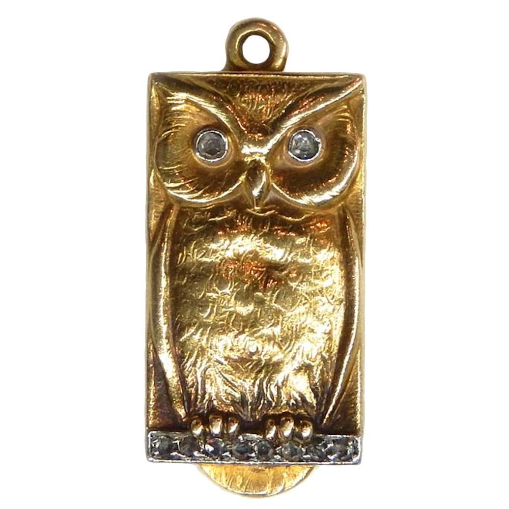 Art Nouveau Diamond Gold Platinum Owl Locket For Sale