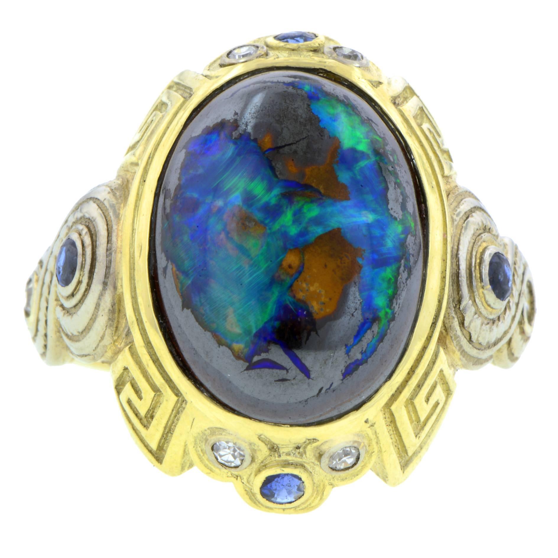 Art Deco Boulder Opal Sapphire Diamond Gold Ring For Sale