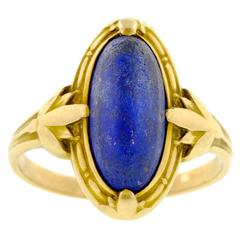 Art Nouveau Lapis Gold Ring with Stylized Lotus Blossoms