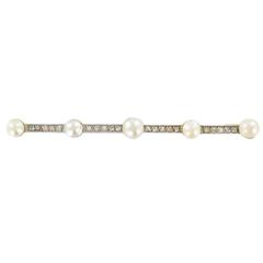 French Art Deco Fine Pearl Diamond Gold Bar Brooch 2