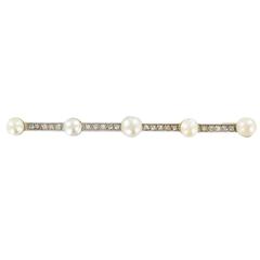 French Art Deco Fine Pearl Diamond Gold Bar Brooch