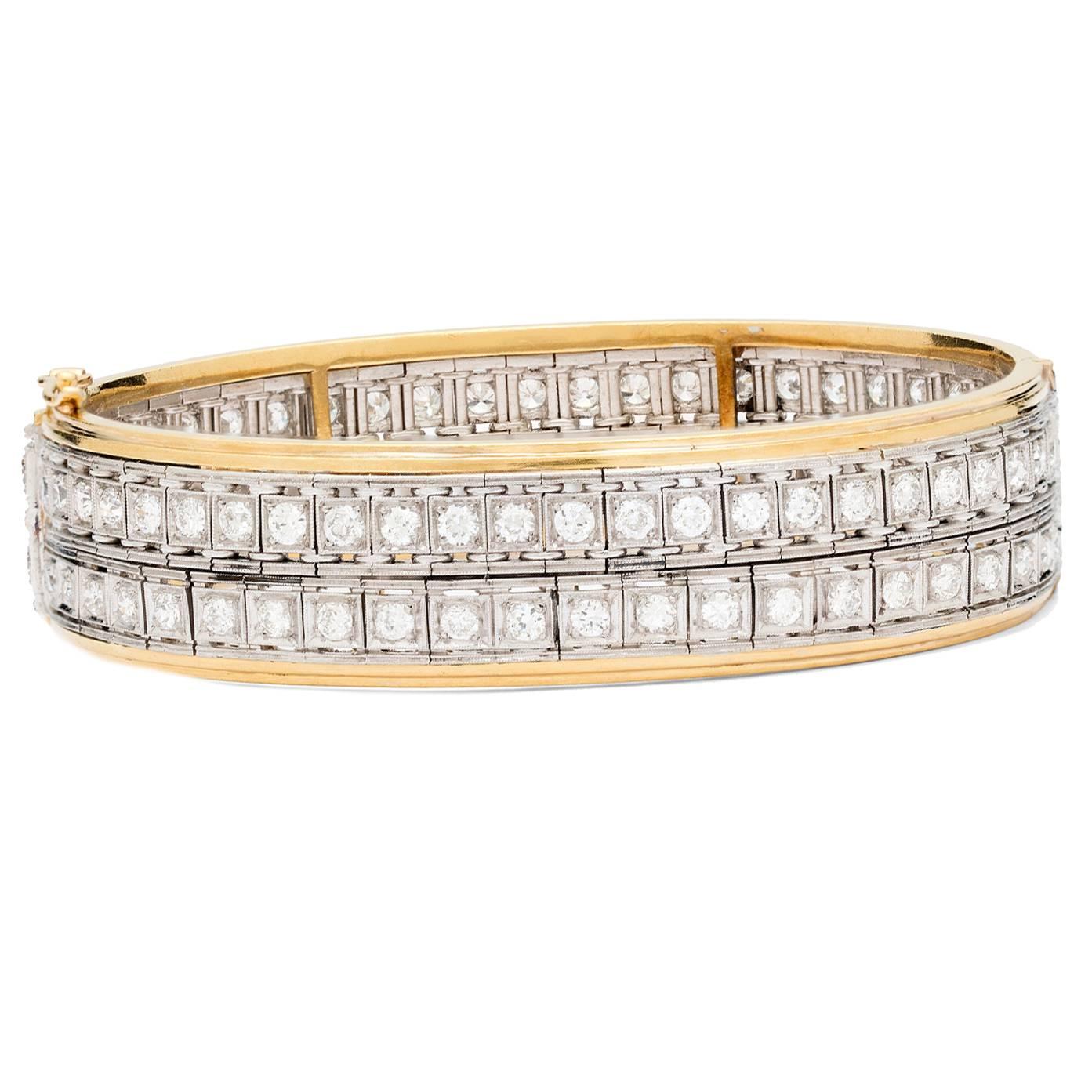 Bracelet jonc en or et platine avec diamants taille vieille Europe des années 1950