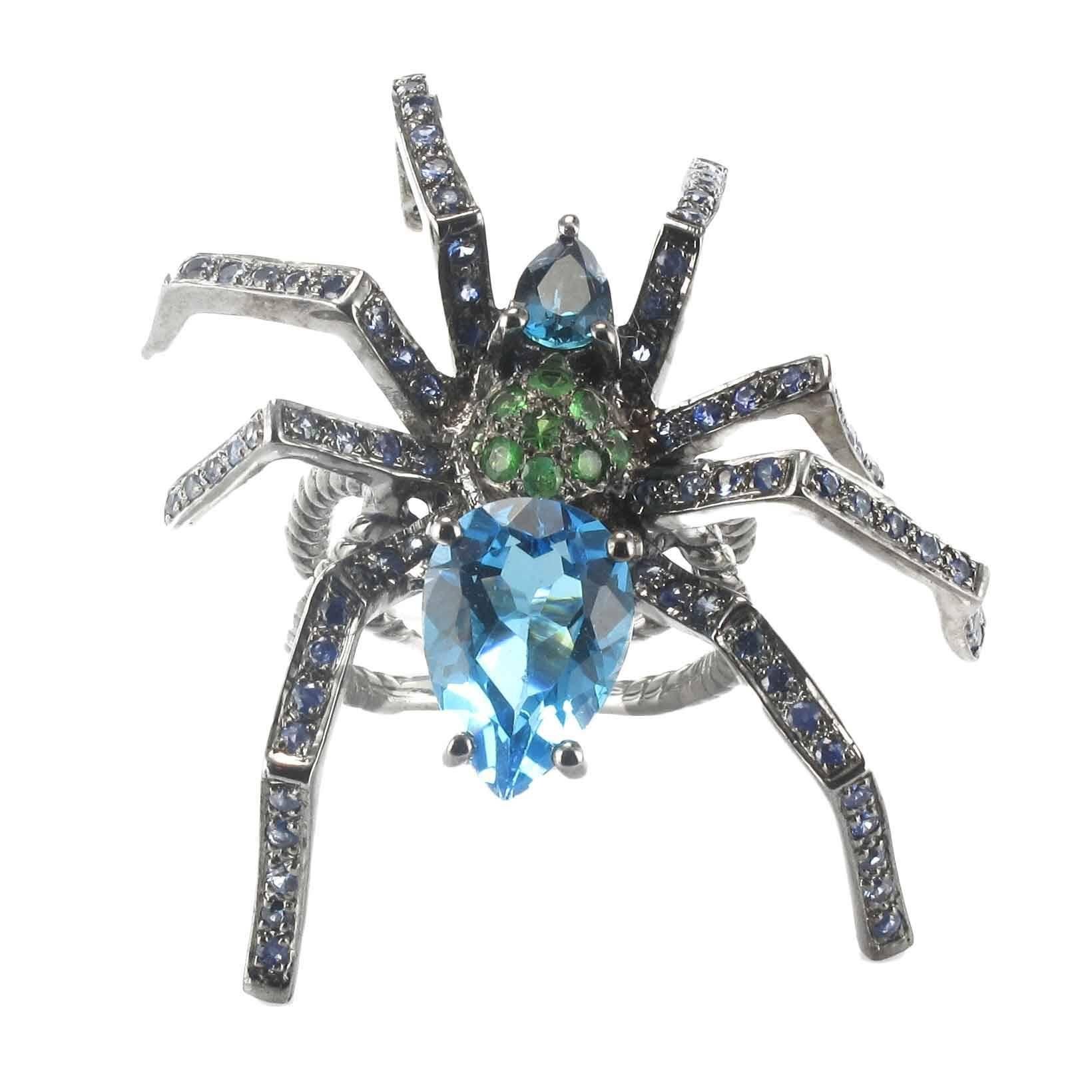 New Topaz Garnet Sapphire Blacked Silver Spider Ring 