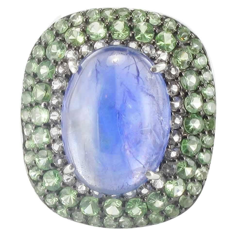 New 12.50 Carat Tanzanite Green Garnet White Topaz Silver Ring