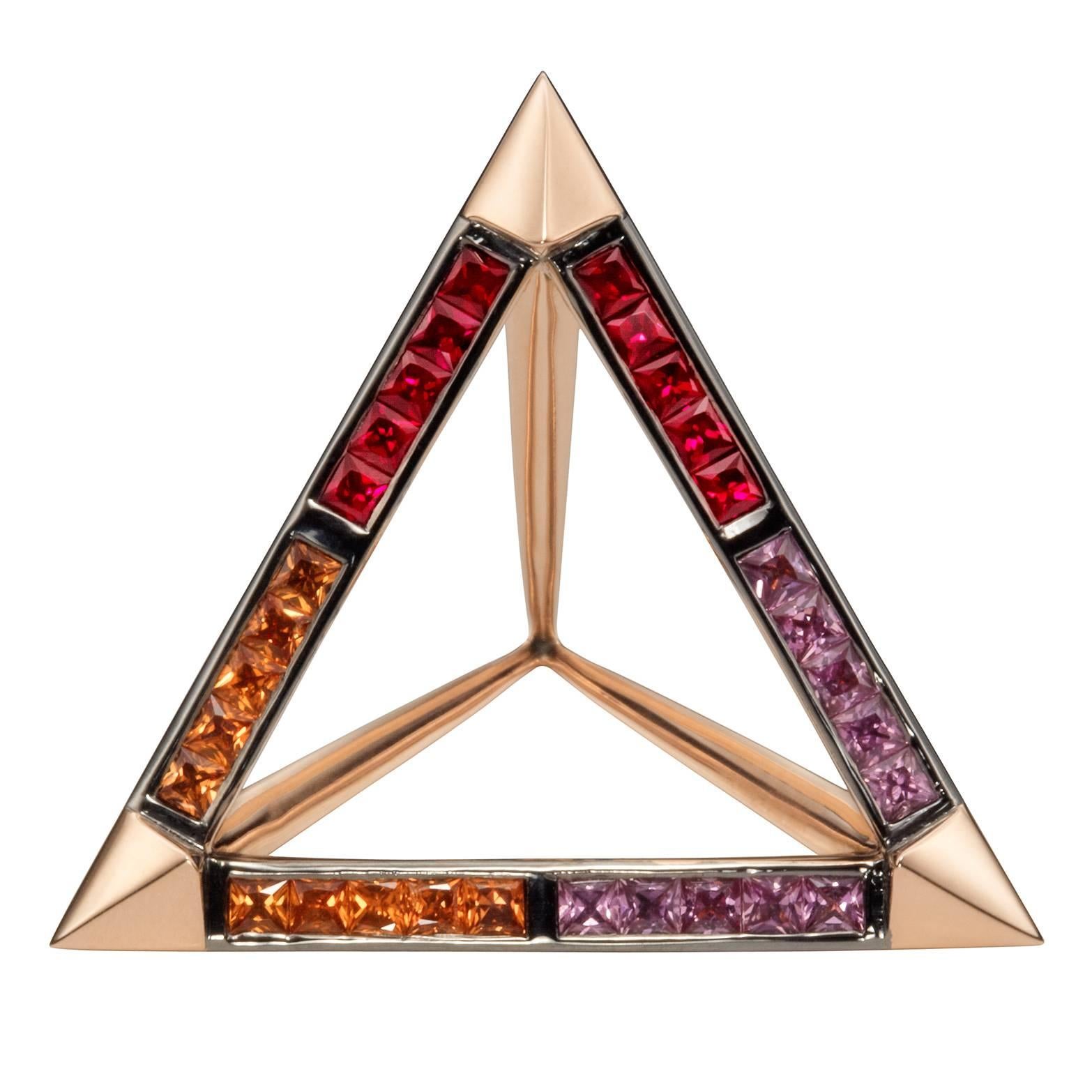 Hannah Martin Sapphire Ruby Gold Sculptural Pyramid Ring  For Sale