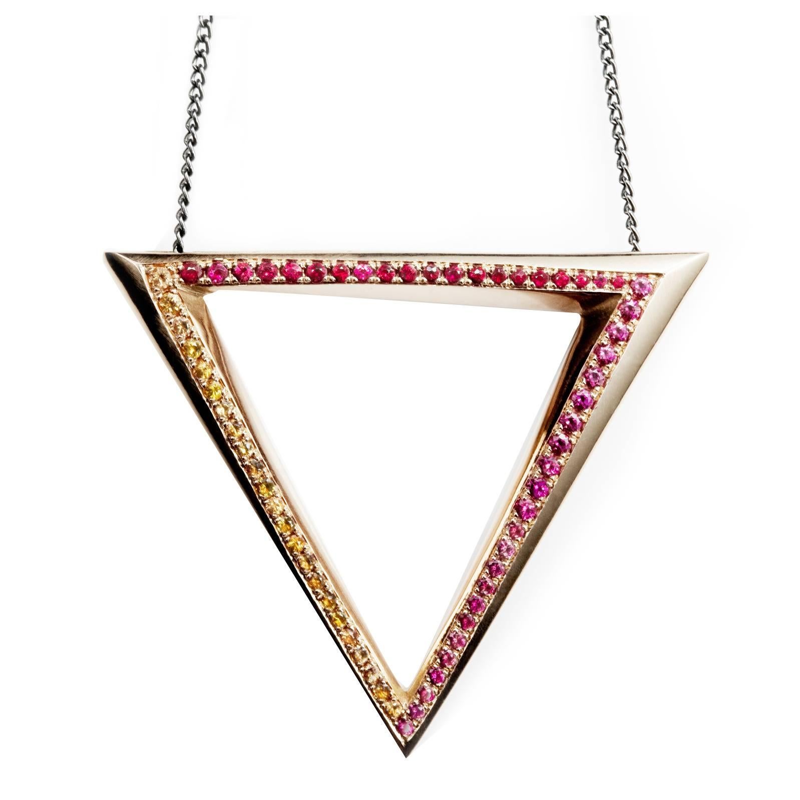 Hannah Martin Ruby Sapphire Gold Sculptural Triangle Pendant Necklace For Sale