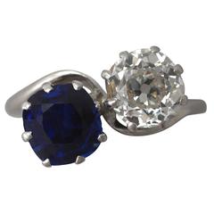 1.45Ct Diamond and 1.58Ct Sapphire, Platinum Twist Ring - Antique Circa 1920 4