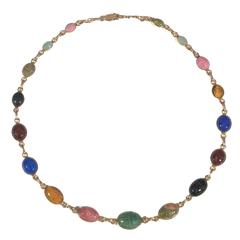 Retro Multicolored Stone Gold Scarab Necklace