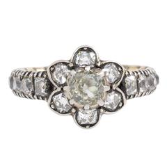 English Antique Diamond Sterling Silver Gold Cluster Ring English Antique Diamond Sterling Silver Gold Cluster Ring