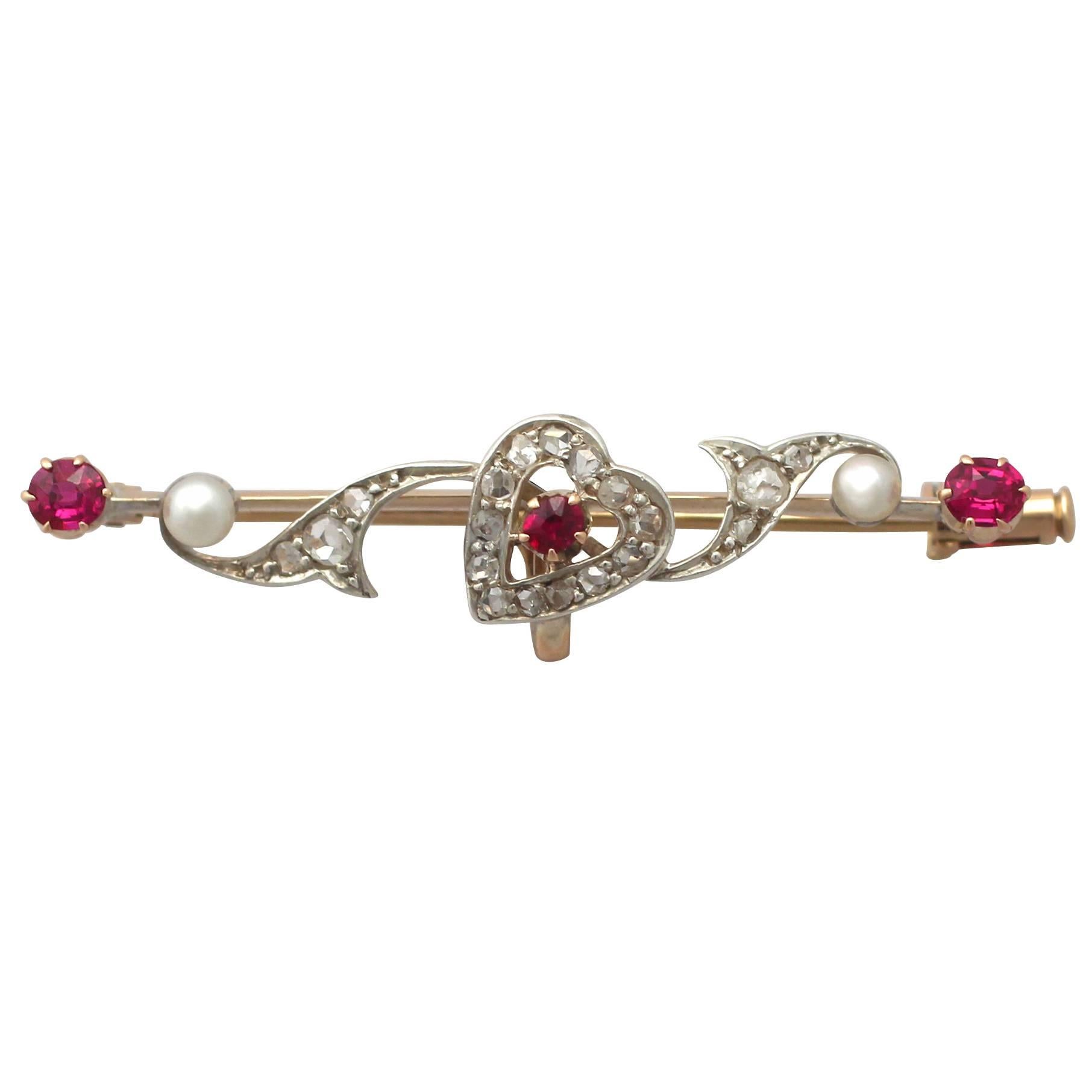 0.52Ct Ruby & 0.29Ct Diamond, Pearl & 14k Yellow Gold Brooch - Antique Victorian