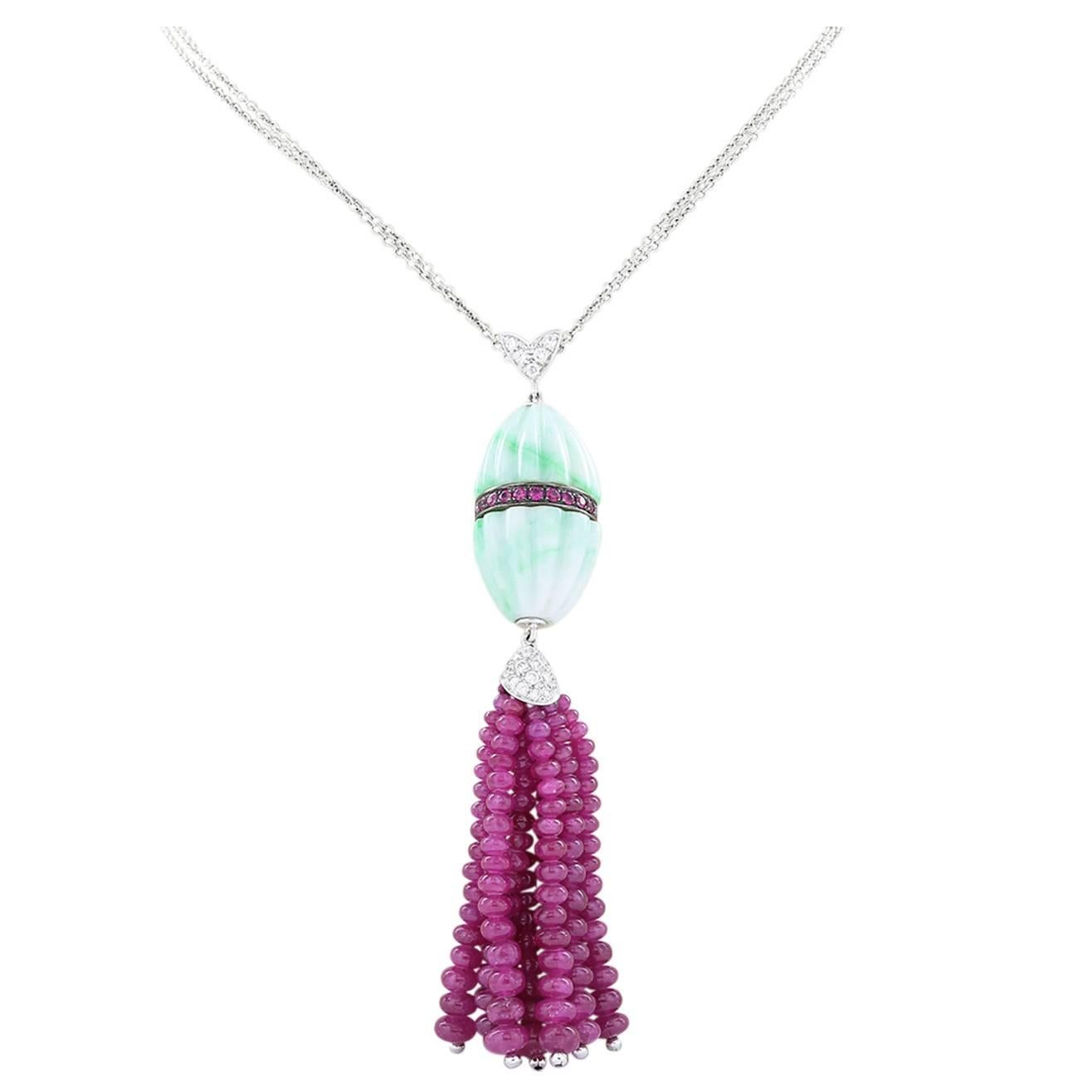 Ruby, Jade and Diamond Tassel Necklace For Sale