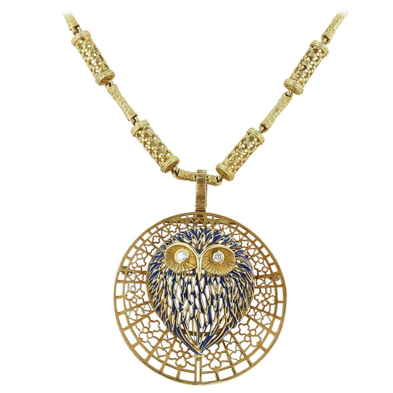 Enamel Diamond Gold Owl Pin Pendant For Sale at 1stdibs