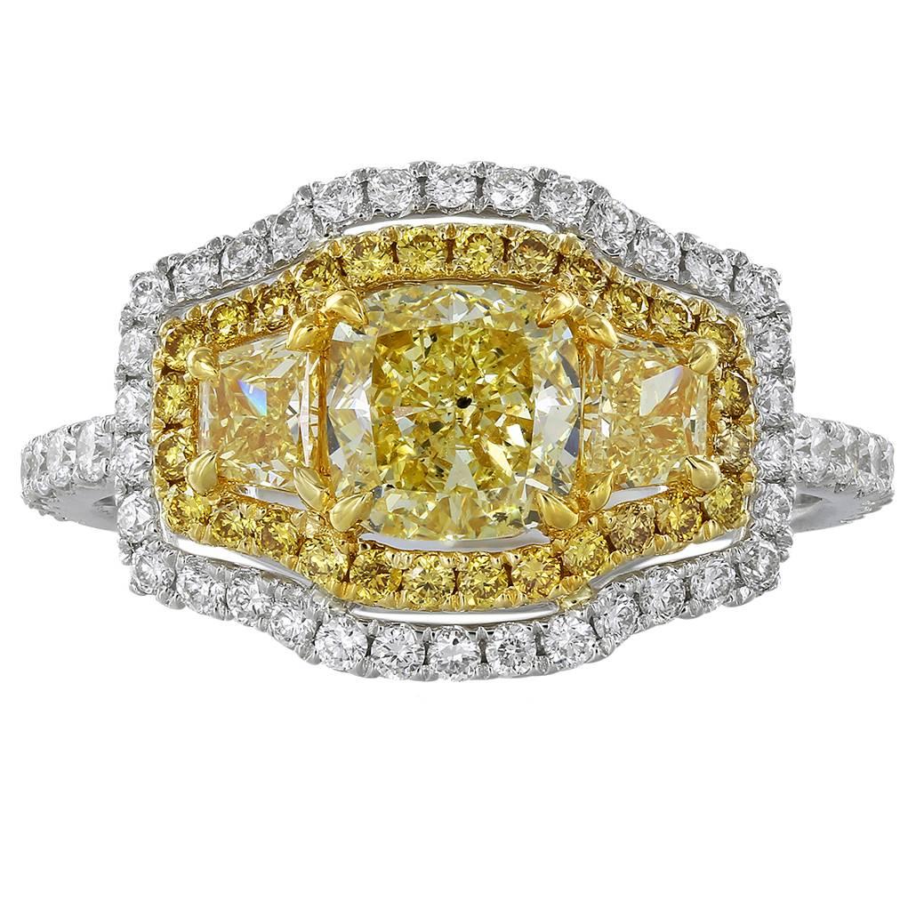 1.04 Carat Canary Diamond Two Color Gold 3 Stone Ring For Sale