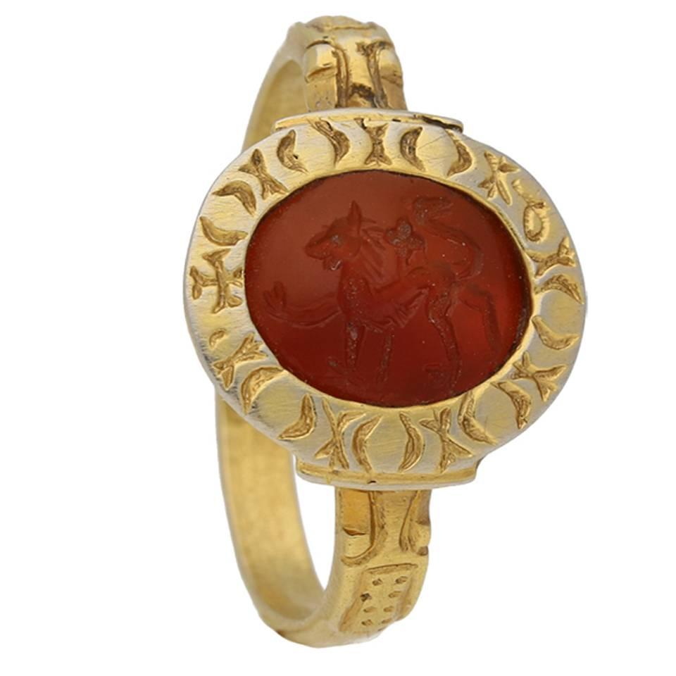 Medieval Carnelian Intaglio Gold Lion Ring 